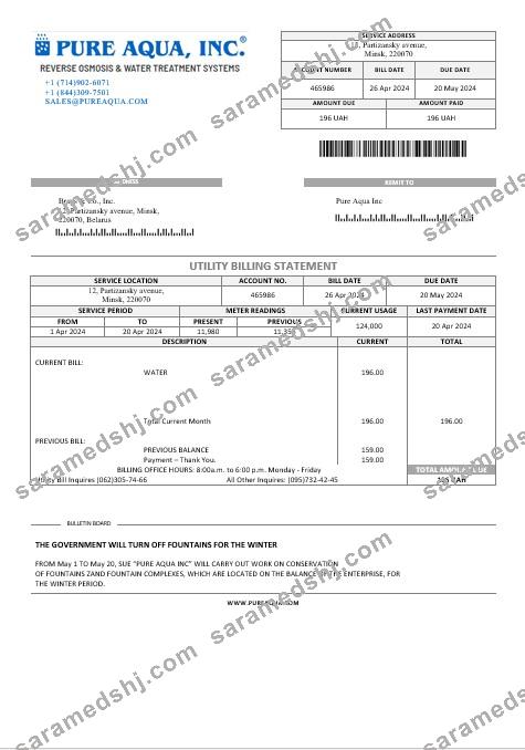 Belarus Pure Aqua Inc business utility bill Word and PDF template